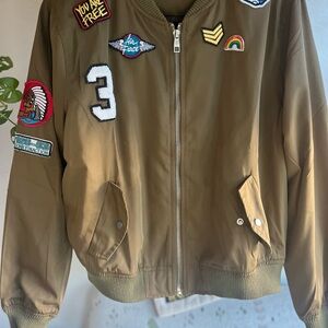 Bershka Kids olive green Jacket with Colorful Patches